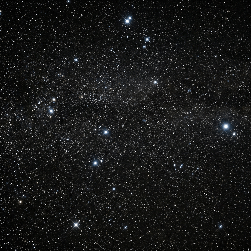 Dense field of stars in the night sky with several bright stars