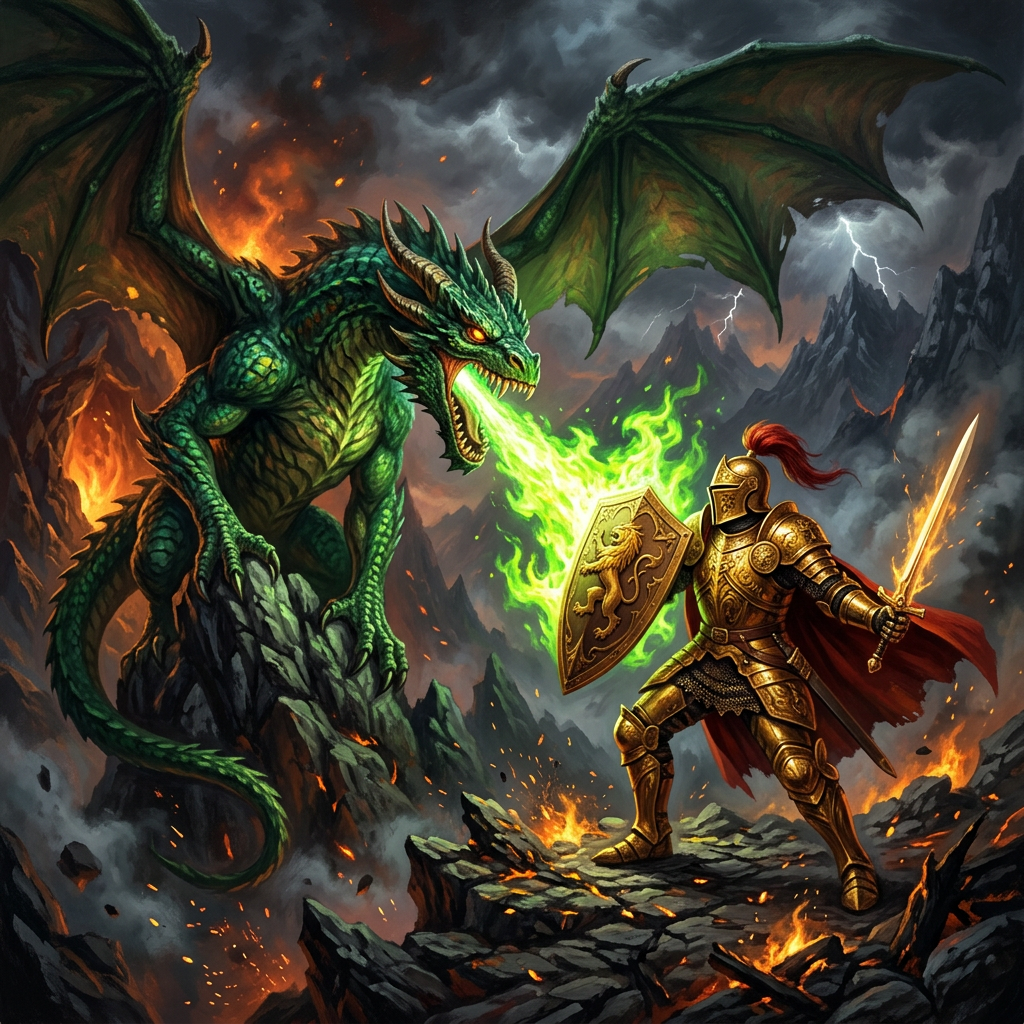 Armored knight blocking green fire breath from attacking green dragon