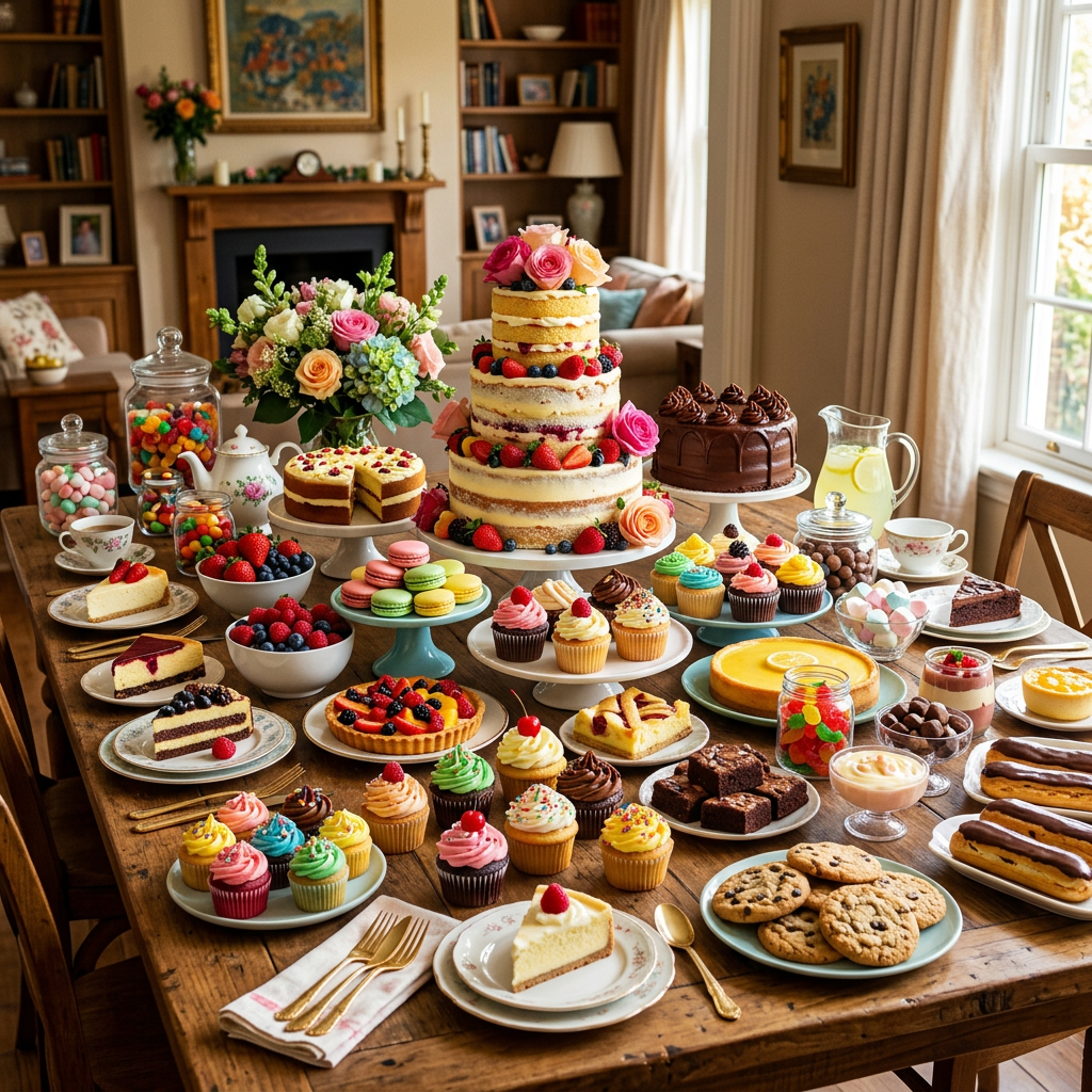 Table with tiered naked cake decorated with fruit and flowers, cupcakes, cookies, tarts, macarons, candies, and beverages in a cozy living room.