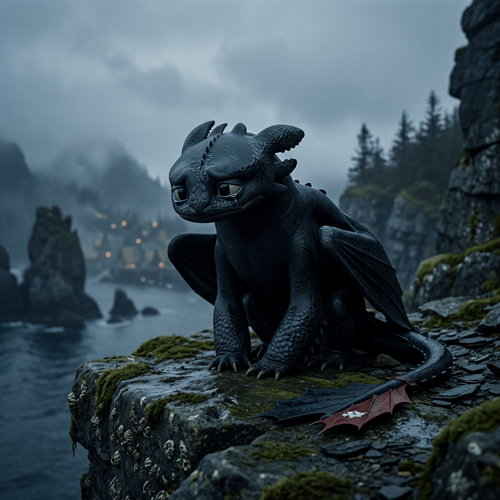 Small black dragon sitting on mossy cliff with misty mountains and village lights behind